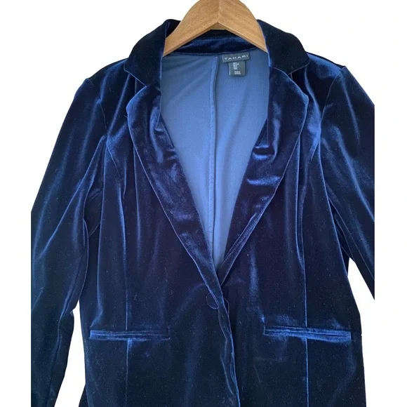 Tahari Office Attire Cocktail Special Occasion Navy Blue Velvet Blazer Size L - Picture 3 of 5